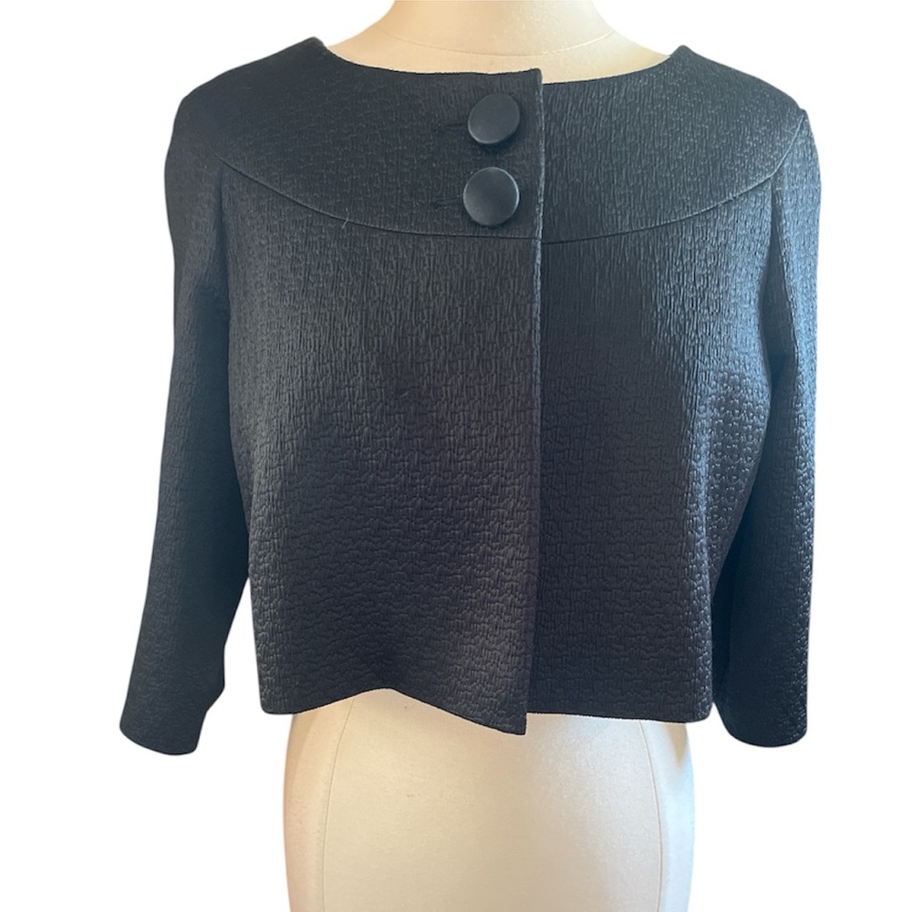 Maggy London Retro Black Textured Crop Blazer 3/4 Sleeves 2 Jackie O style 14